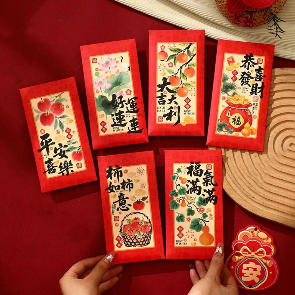 6Pcs Paper 2026 Horse Year Red Envelope Chinese Style Traditional Horse Year Money Envelope Cartoon Blessing Lucky Money Bag