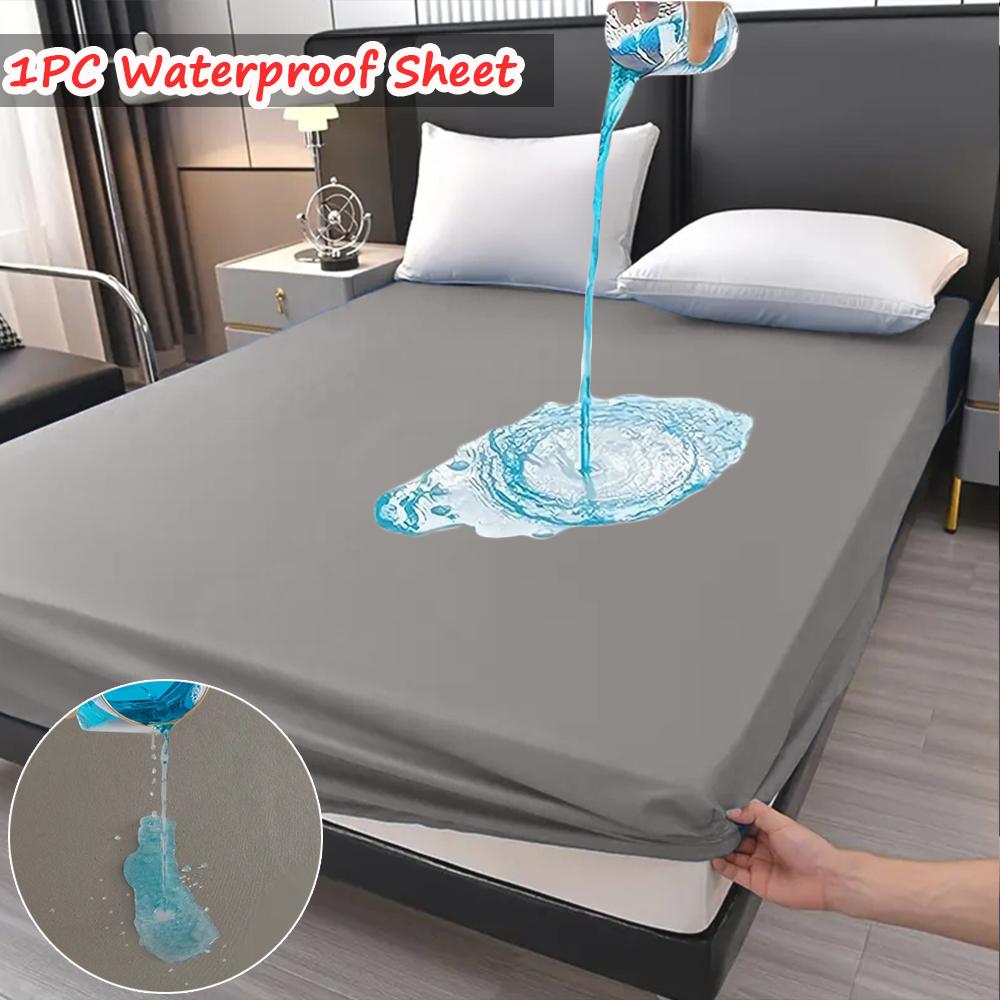 Super Waterproof Fitted Sheet Solid Color Non-Slip Mattress Protector Cover Comfortable Bedding with Elastic Band Deep Pocket