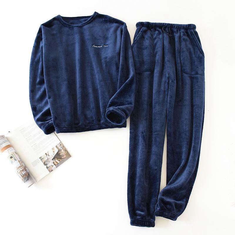 Pigiama da Uomo Autunno e Inverno Nuovo Pantaloni a Maniche Lunghe Flanella Caldo Tuta Plus Velluto Ispessito Due Pezzi Servizio da Casa Uomo