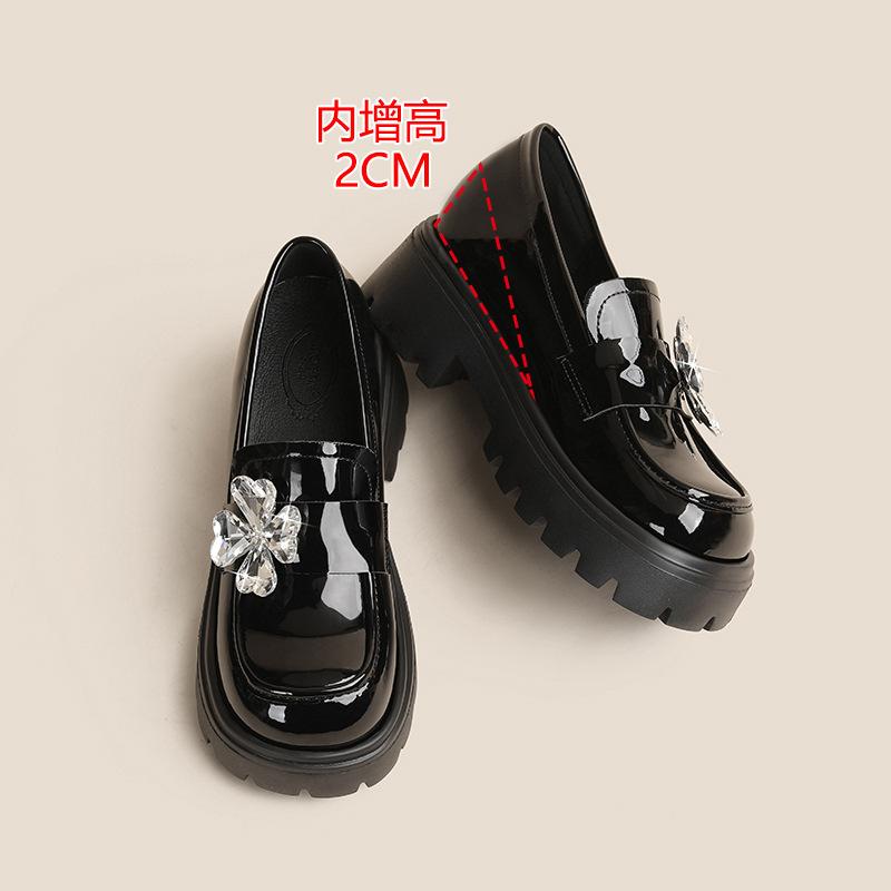 Spring Round Head Medium Heel New Women's Shoes Four-leaf Clover Diamond Jewelry Thick Sole Inner Height Increase Small Size 333