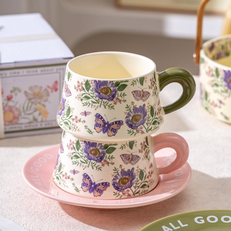 Original crape myrtle flower coffee cups and saucers, event gifts, opening souvenir, wedding gift, girlfriend's birthday gift box