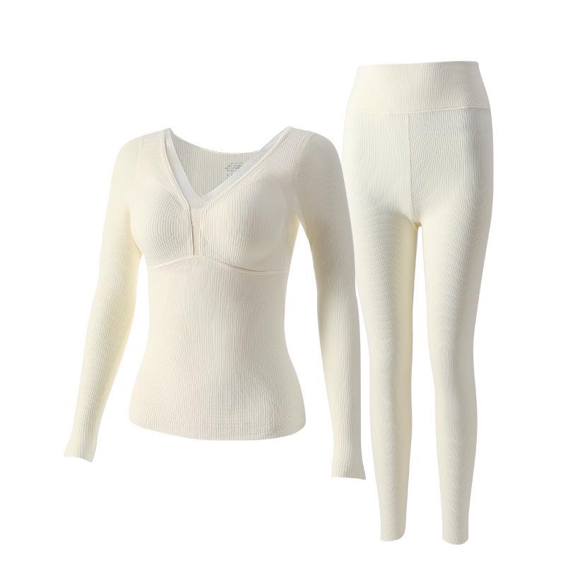 Thermal Wool & Silk Base Layer Set with Seamless Integrated Bra and Chest Pads for Autumn Warmth