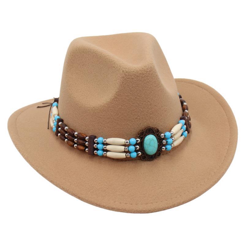 Ethnic Style Western Cowboy Top Hat Turquoise Horseback Riding Jazz Hat Crimped Felt Hat Literary And Retro Sun Hat