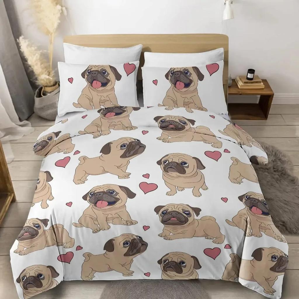 Cute Dogs Print Bedding Set Puppy Animal Duvet Cover Set Watercolor Pastel Dog Paw Comforter Cover Pug Dog Lover Bed Set