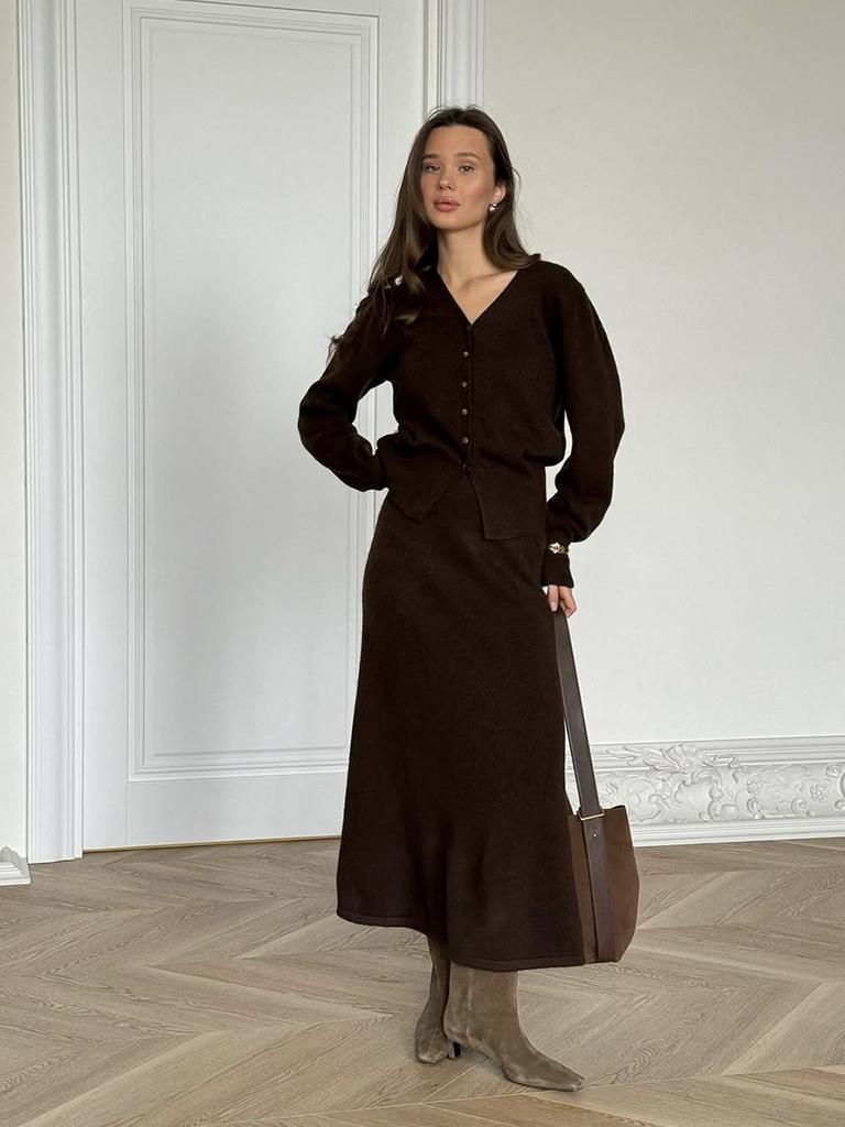 New Women's Loose Knit Two-Piece Set Button Cardigan Sweater with Straight Skirt