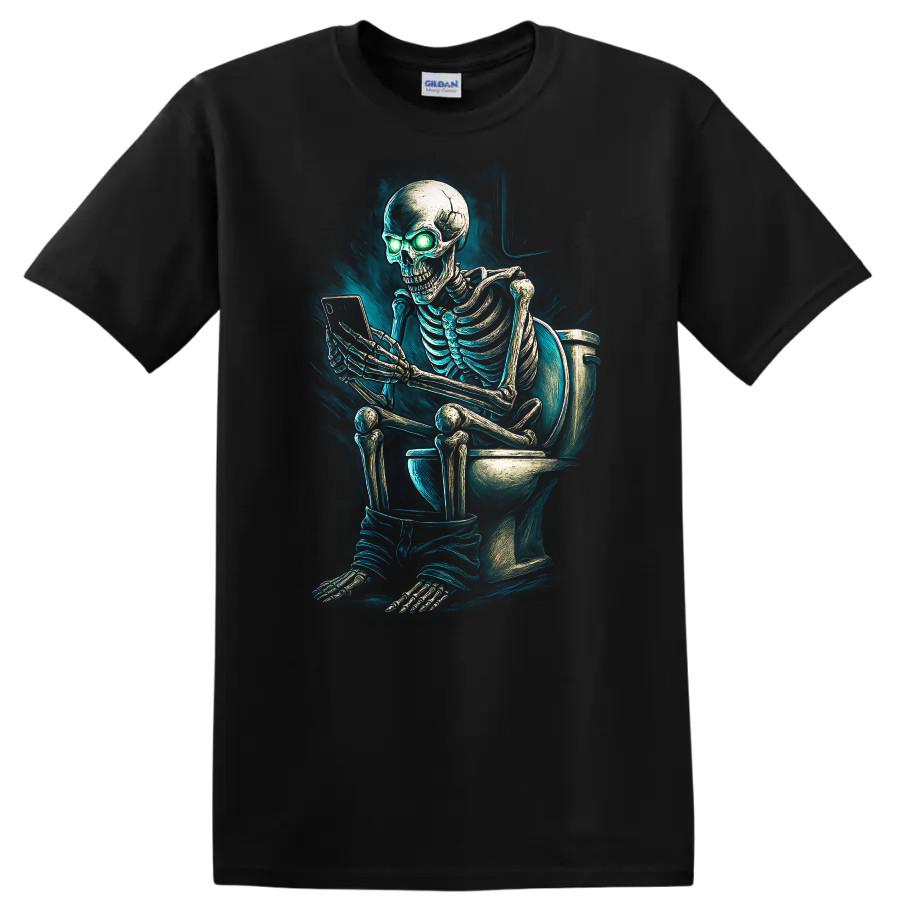 Skeleton on Toilet Playing with Phone Halloween Humor T Shirt Funny Tee