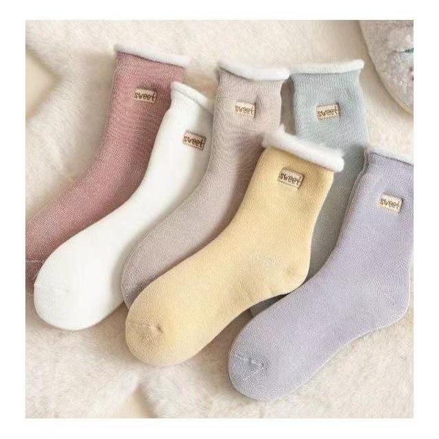 Damsockor i korallfleece, enfärgade, extra tjockt varmt stickat tyg, vinter casual snösockor, damlångsockor, plyschsockor