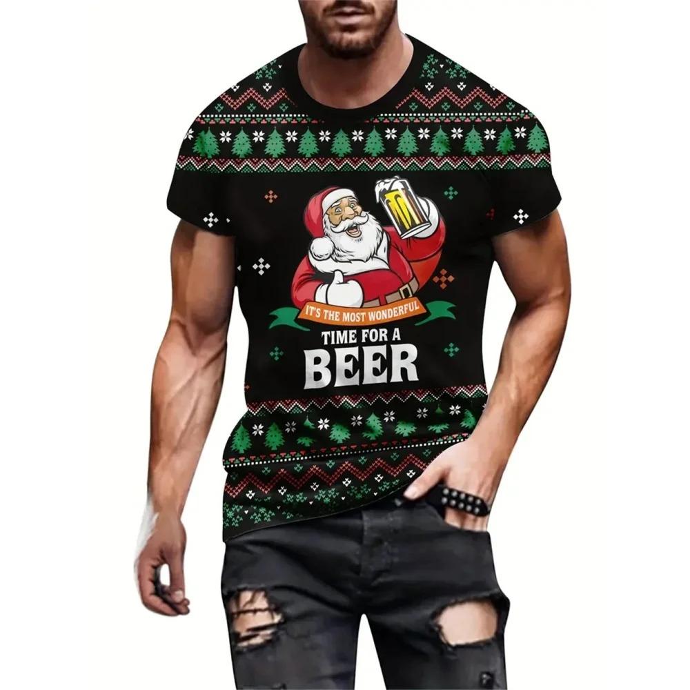 Santa Claus Print Men's T-shirt New Year Party Fashion Clothing Christmas Harajuku Short Sleeved O-neck Top Oversized T-shirt