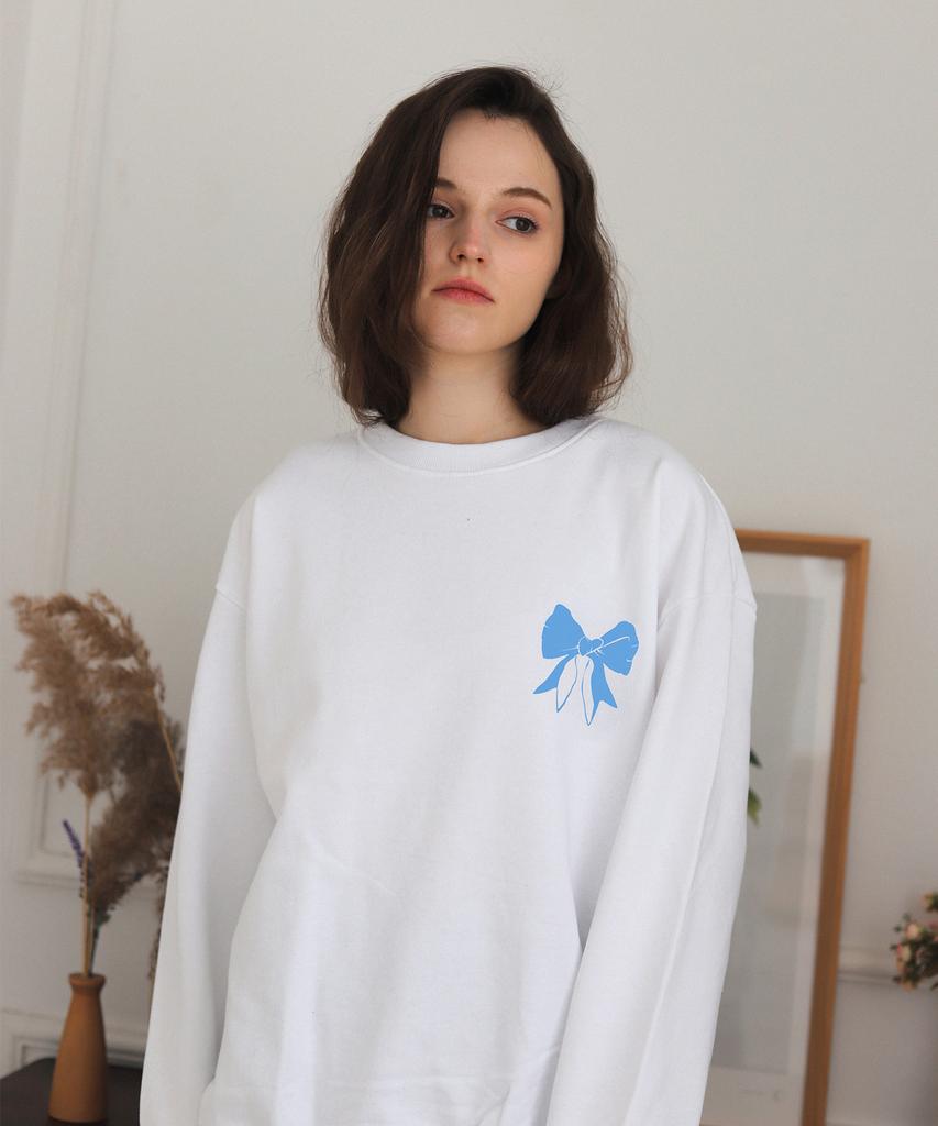 BONIEE [Fleece Lined] Back Ribbon Graphic Oversized Sweatshirt White