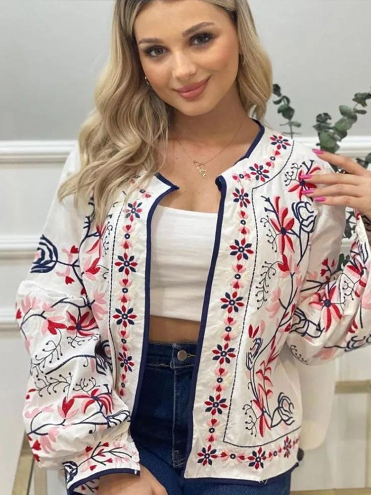 Drucken Frauen Jacke O-Ausschnitt lange Laterne Ärmel dünne kurze Mantel weibliche Frühen Herbst Dame Outwear