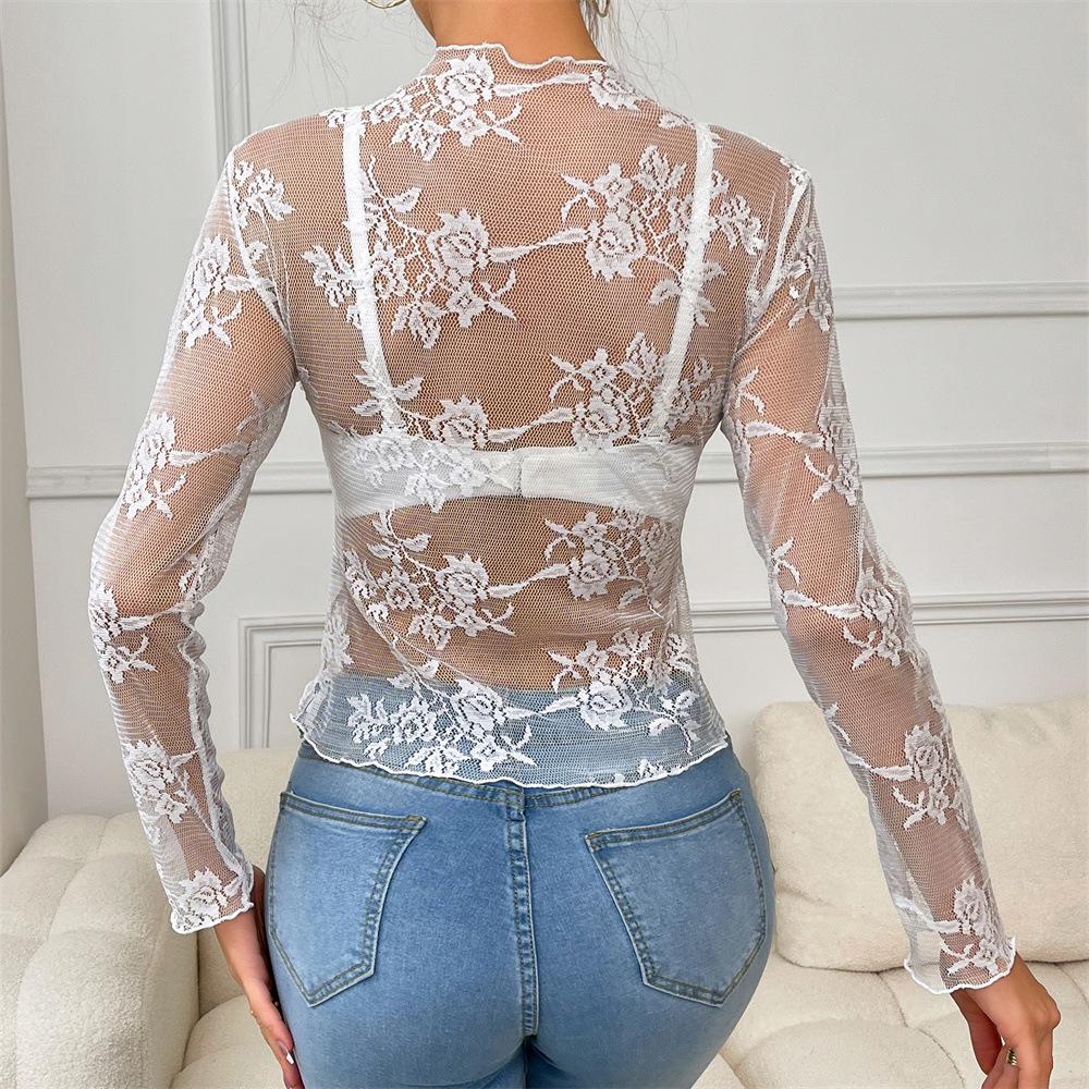 2025 Floral Embroidered See-Through Long Sleeve Lingerie Top