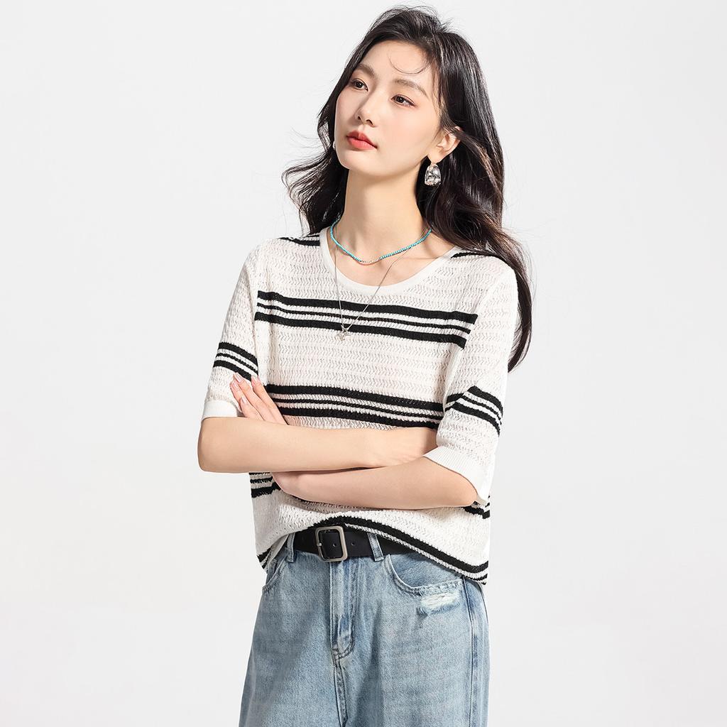 Black and white contrasting T-shirt with mulberry silk, striped knit shirt, casual short sleeved, summer comfortable women's T-shirt top