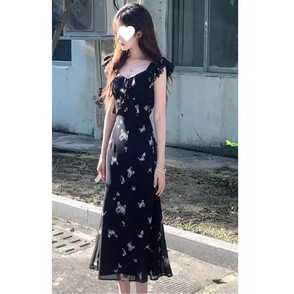 Feifei Sleeve Butterfly Printed Fishtail Dress Black Waist Medium and Long Sleeveless Dress Women's Summer New Skirt