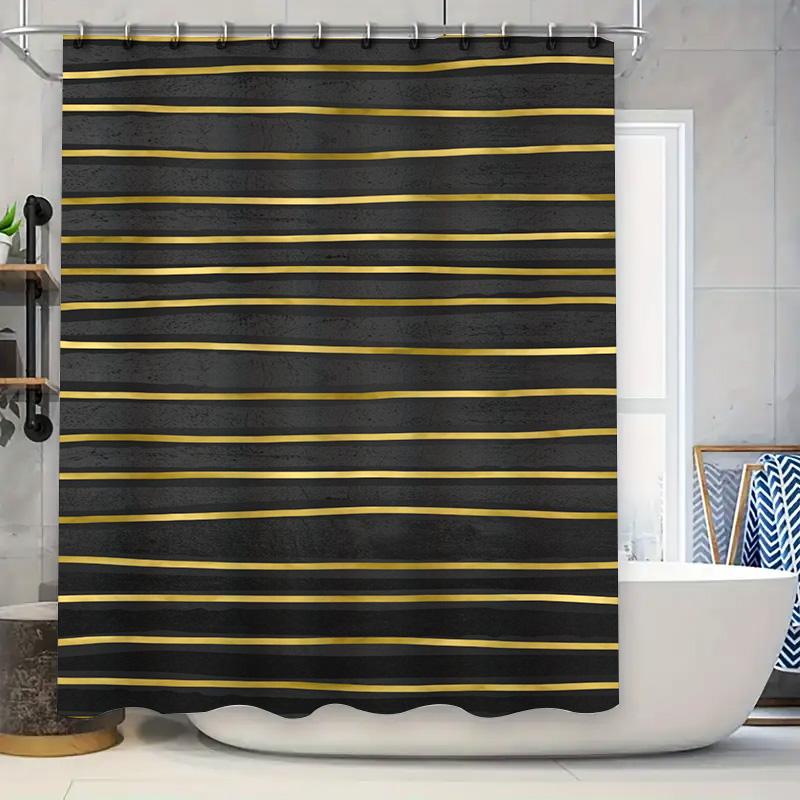 

Luxury Gold Stripe Black Shower Curtain for Bathroom Decor Modern Design Waterproof Fabric with Hook Rings 90x180cm