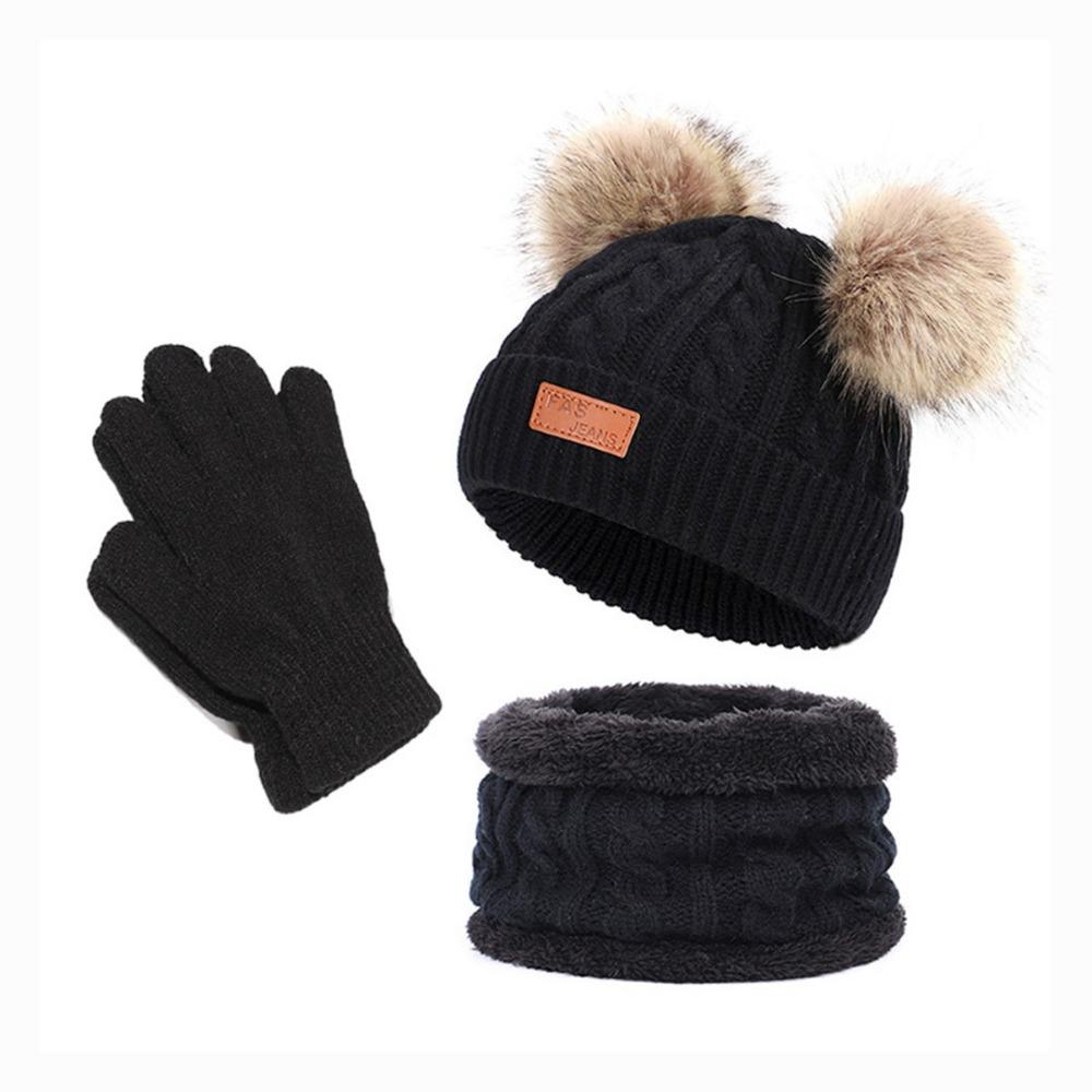 

Solid Color Baby Hat Scarf Gloves Set Windproof Pompom Knitted Hats Cute Toddler Bonnet Children