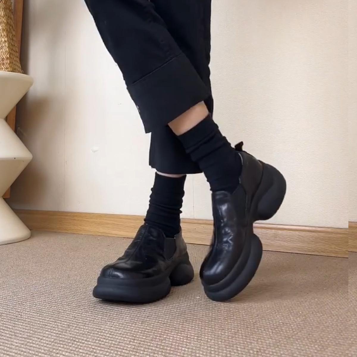 Thick-soled muffin-soled loafers British style deep-mouth one-pedal round-headed small leather shoes 35