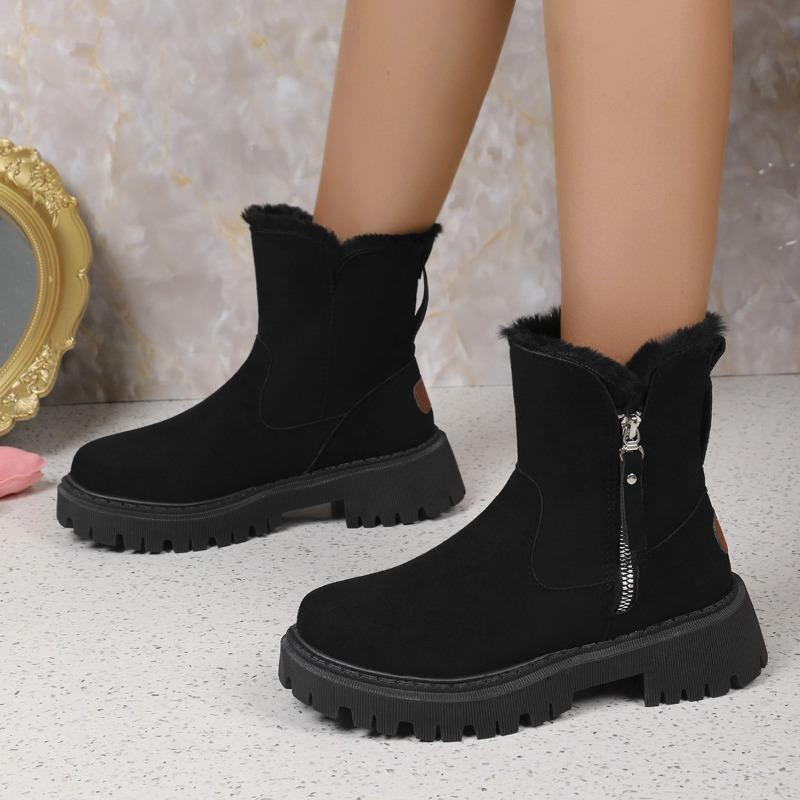 Large-sized,Fleece and Thickened Cotton Shoes for Women's 2025 Winter New Style Fashionable Round-toed Thick-soled Women's Boots