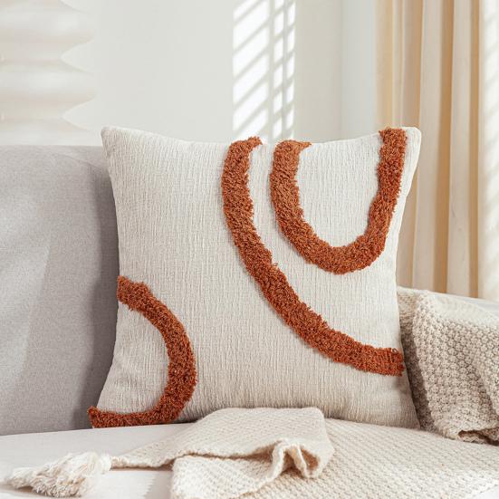 Embroidered Pillowcase Tufted Embroidery Cushion Cover with Tassels Cotton Linen Decorative Pillow