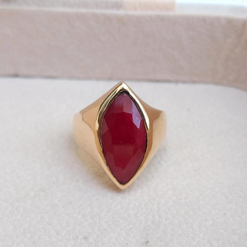 Marquise Raw Red Ruby Sterling Silver Rose Gold Overlay Ring Jewelry, Handmade Unisex Signet Ring Jewelry