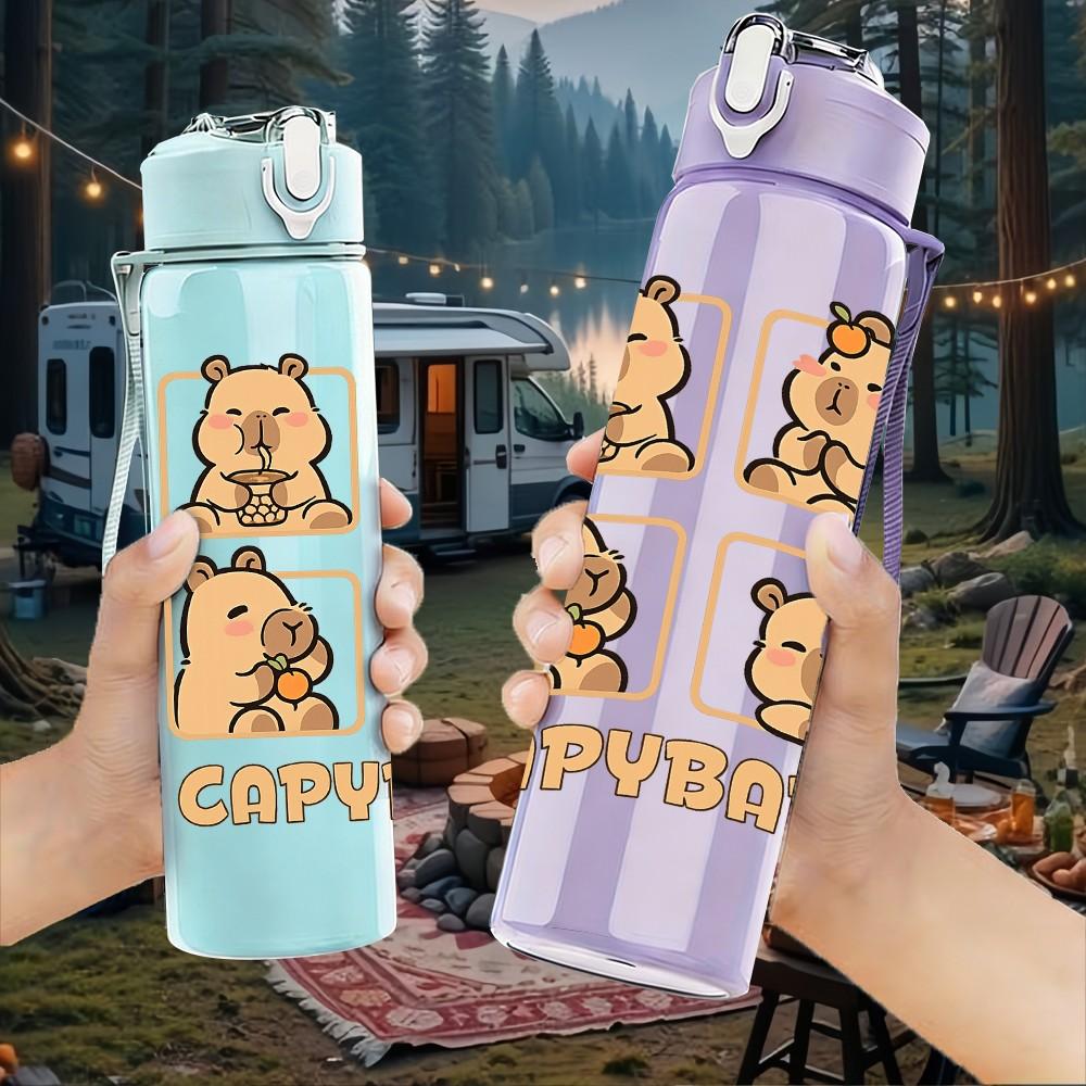 1PC Capybara Cute Animal Pair Print 750ml Color Plastic Sports Water Bottle Leakproof Flip Straw Lid Suitable for Sports Office Home Use
