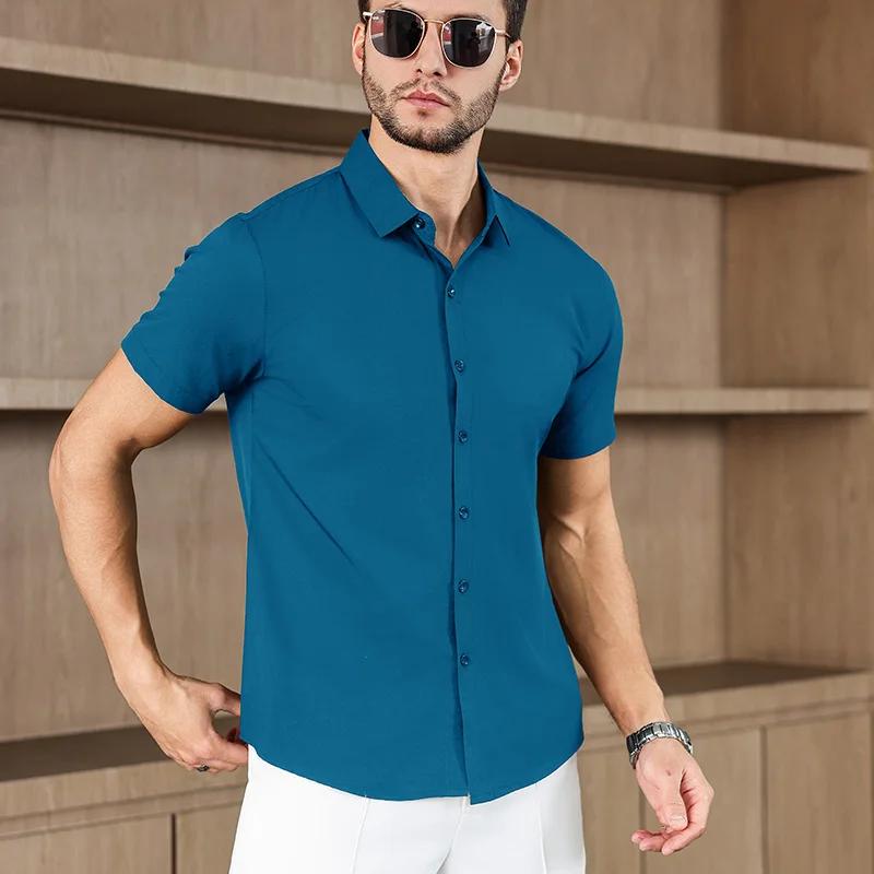 Men's Business Casual Solid Color Short Sleeved Shirt for Summer Fashion No Ironing Comfortable and Versatile Top