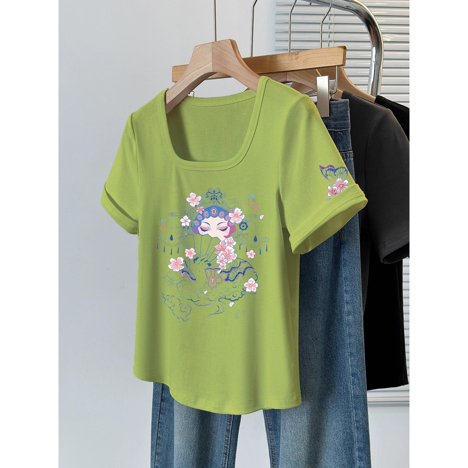 

Large size women s clothing covers the meat and looks thin square neck short-sleeved t-shirt, summer fat sister versatile design sense letter print M [80-60kg]