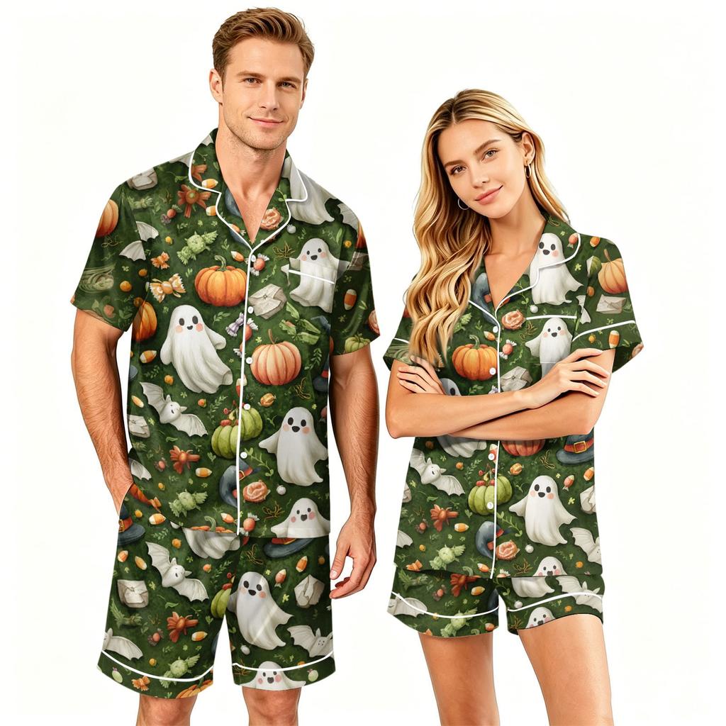 Couple Matching Halloween Pajama Set Short Sleeve Button Down Shirt and Shorts Soft Casual Sleepwear S To XXXXL