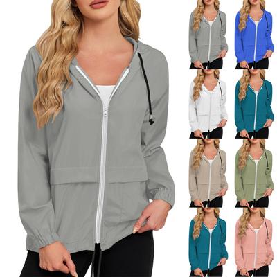 Leichte wasserdichte winddichte Outdoor-Jacke für Damen, durchgehend Reißverschluss, mit Kapuze, Regenmantel, lässiger Shell-Mantel mit verstellbaren Kordelzügen