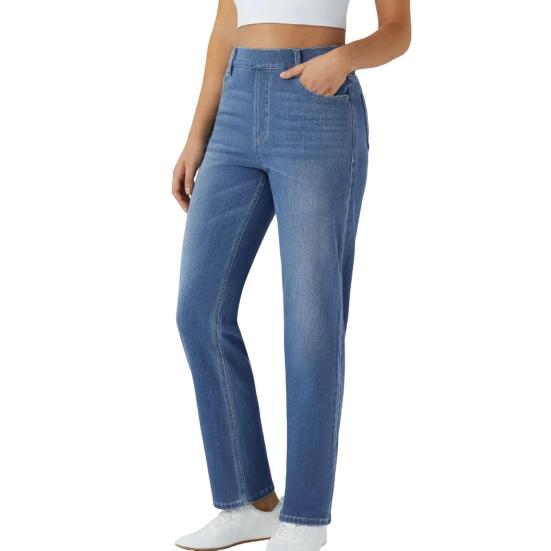 Women's Straight Leg Jeans Pull-On High Waisted Cropped Denim Pants Stretchy Ankle Jeans for Daily Wear Outings