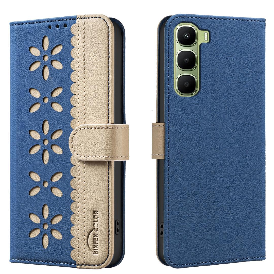 

For Infinix Hot 60 Pro 4G Leather Case BINFEN COLOR BF36 Floral Pattern Phone Cover RFID Blocking Wallet Stand Dark Blue