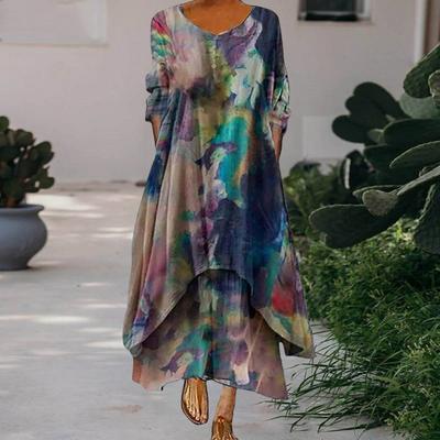 Mehrlagiges Boho-Kleid für Damen, Sommer-Maxikleid mit Blumenmuster und unregelmäßigem Saum, langärmliges V-Ausschnitt-Kleid in Übergröße