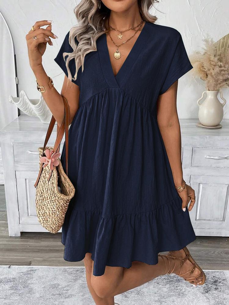 2025 Summer Solid Color V-Neck Loose Resort Dress