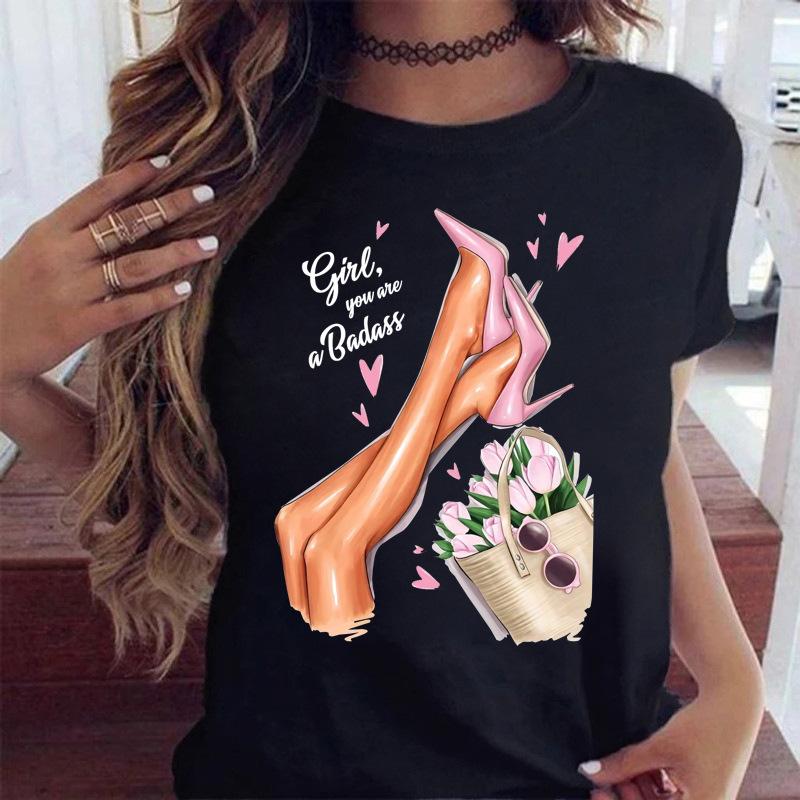 Women's Top Urban Girl Printed Casual White Cute Simple Retro Front Shoulder Pure Cotton Short Sleeved T-Shirts Women’s