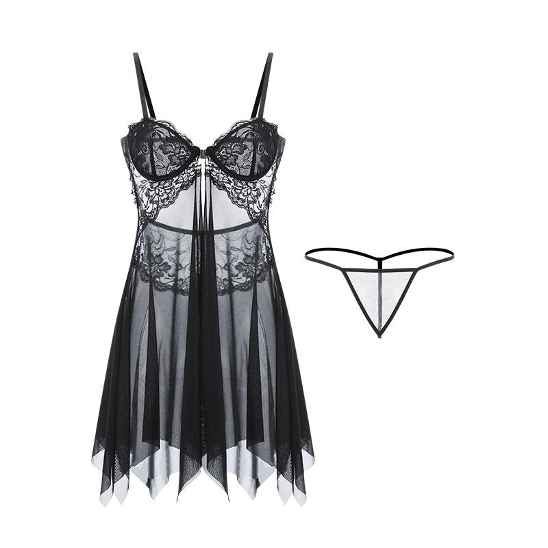 Women's Sheer Mesh Underwire Push Up Cami Sleep Dress Costume Lingerie Set