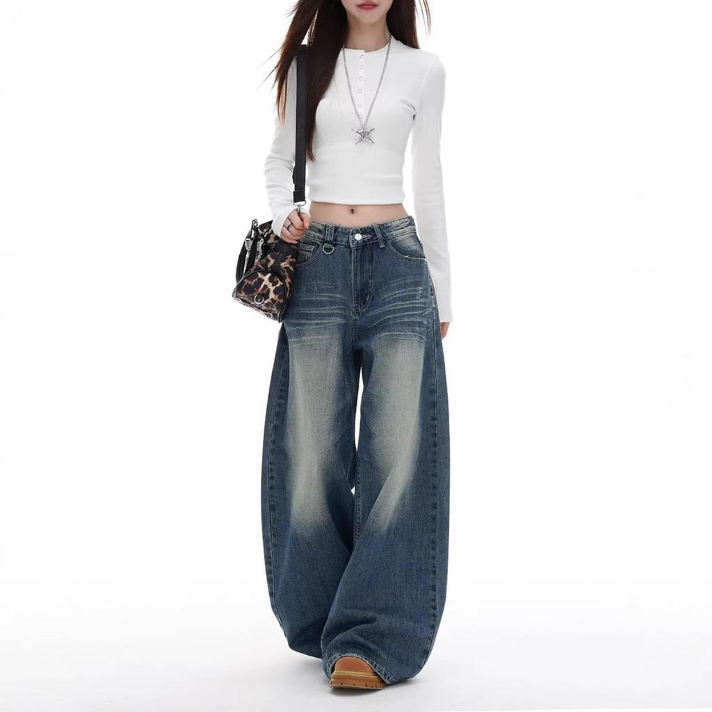 Women's Low Waist Wide Leg Jeans Loose Fit Casual Vintage Straight Denim Pants