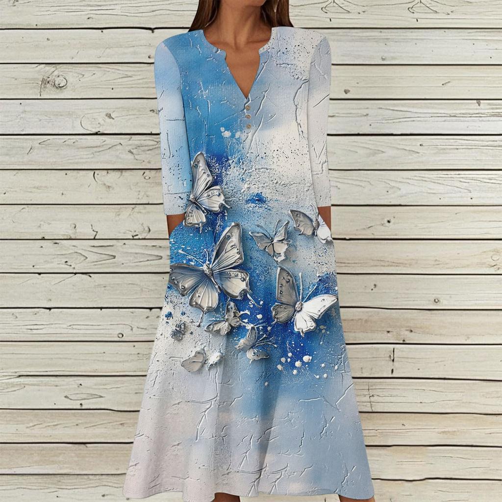 Women's Summer Casual V-Neck Button Vintage Floral Print Three-quarter Sleeve Long Dress With Pockets