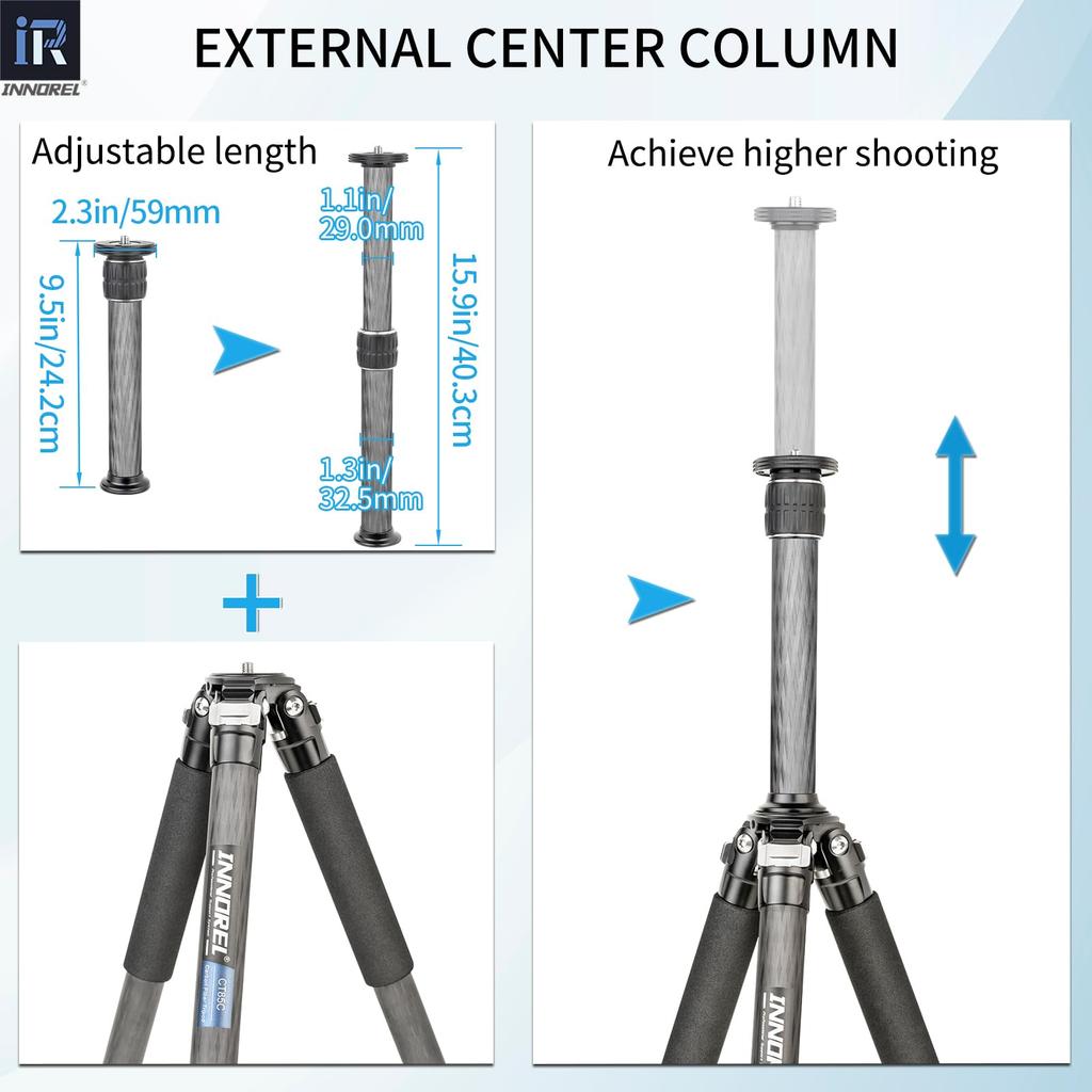INNOREL Carbon Fiber Camera Tripod with Ball Telescopic Extendable Working Pipe 25kg Maximum Load Panoramic Macro Video Digital Portable Tripod with