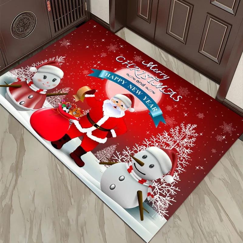 Christmas New Year Home Decoration Doormat Santa Snowman Tree Printed Floor Kitchen Bathroom Anti-Slip Carpet Rug Festival Decor