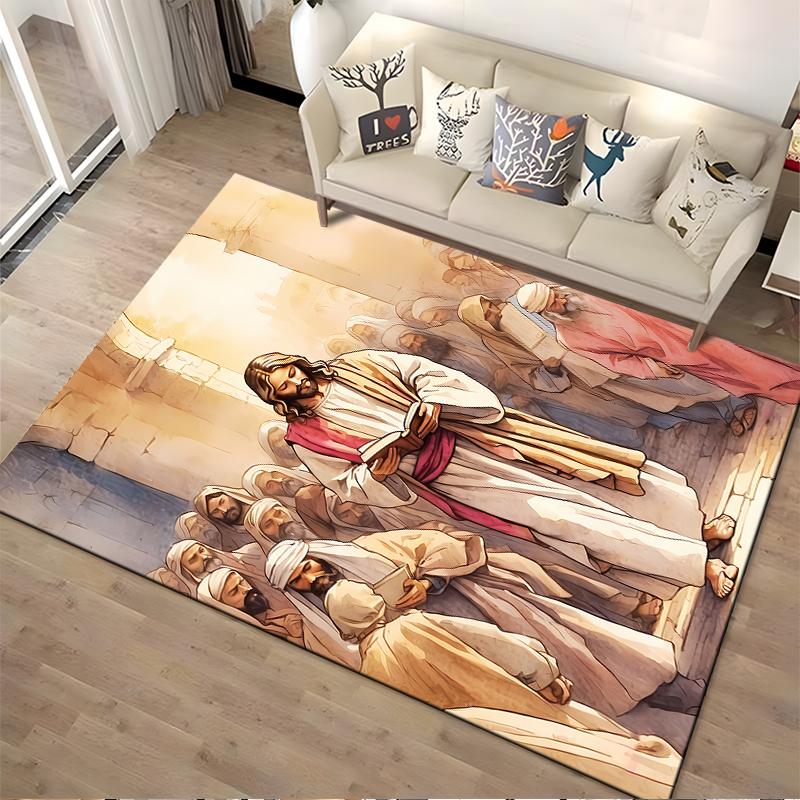 Religious Scene with Figures Reading - Non-slip rug suitable for living room and bedroom sofas."
