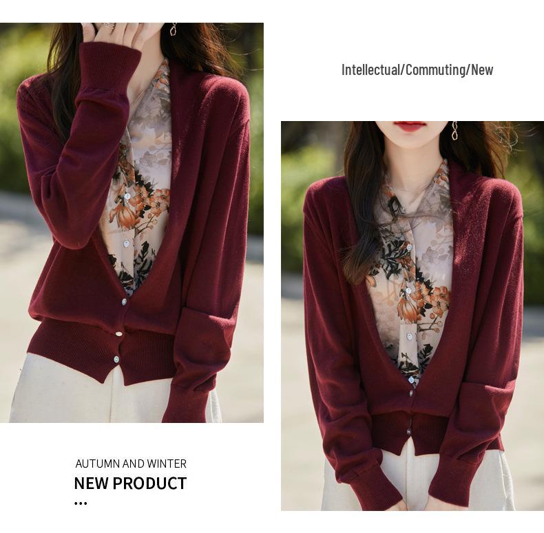 Women's Autumn Patchwork Knit Wool Cardigan - V-Neck Sweater Coat