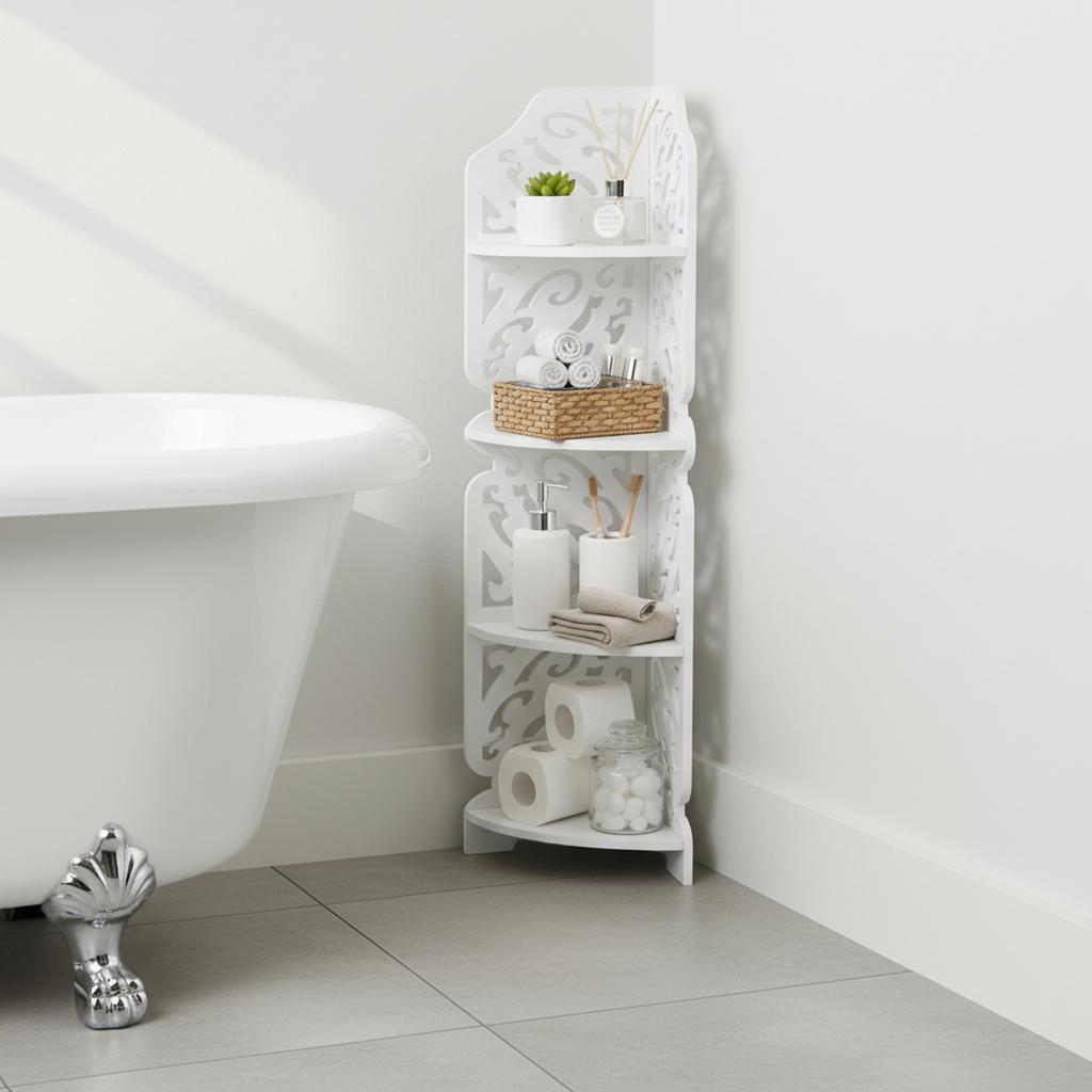 4-Tier Corner Storage Rack – Triangular PVC Shelf Unit for Bathroom, Living Room & Balcony – White