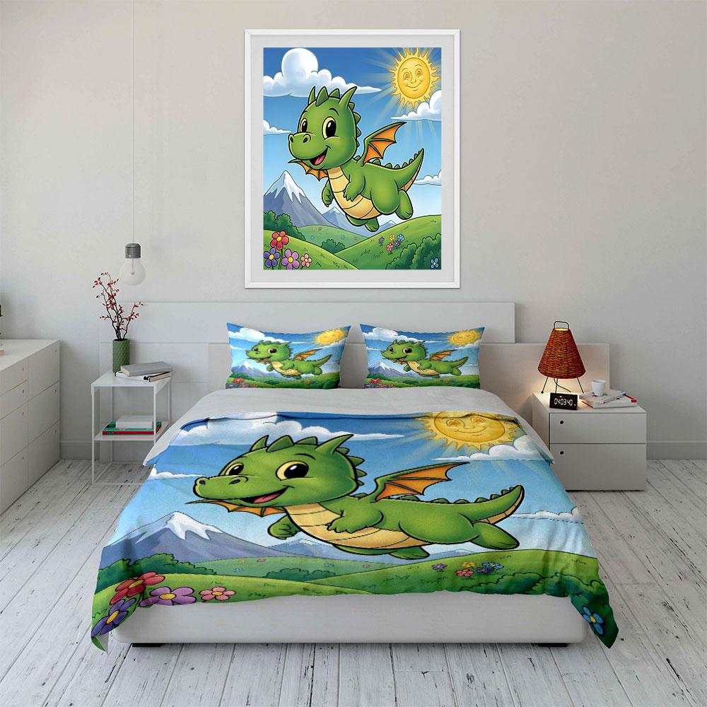 Multiple sizes Cute cartoon dragon Print Bedding Set 1 Duvet Cover 2 Pillowcases for Adult and Children Luxury Gift Full Size