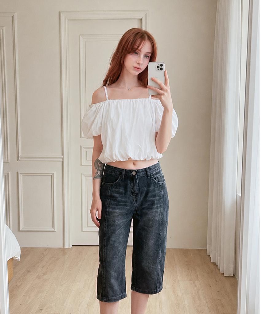 Keulleiseu Puff Sleeve Short Sleeve Crop Blouse_Cream