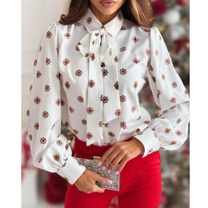 Camisa de manga larga con lazo y estampado sencillo de primavera para mujer