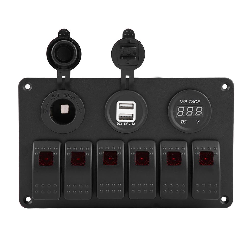 12V 24V 6 Gang Car Boat Marine LED Rocker Switch Panel Dual USB Voltmeter Cigarette Lighter
