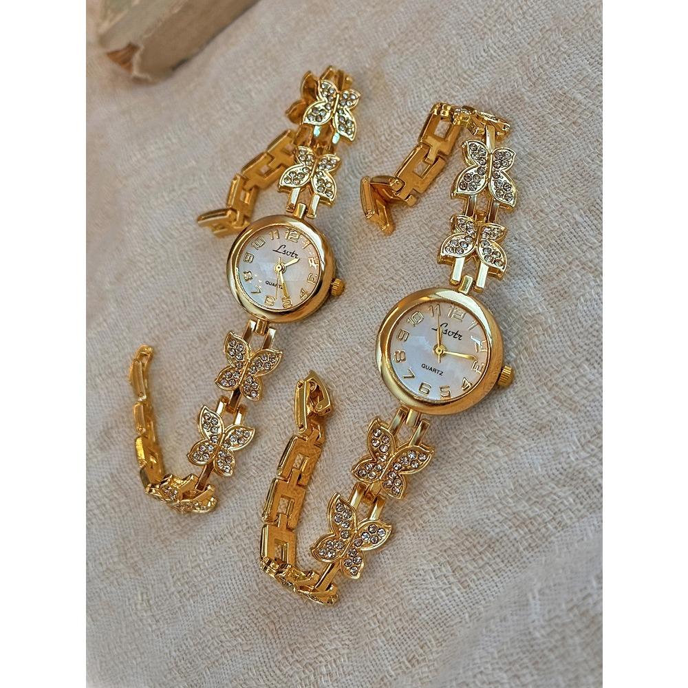 1 styck Fransk Guldinlagd Bländande Strass Fjärilsformad Damklocka, Snygg och Exklusiv, Vintage Armbandsstil Kvarts för Damer
