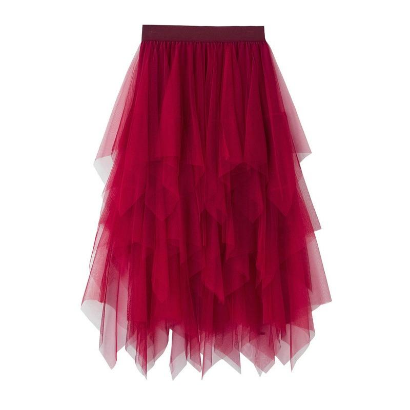Damen Frühling Asymmetrischer Mesh Midi Rock - Hohe Taille Transparente Einsätze Schlankmachender Rock mit Fließendem Lagen-Design