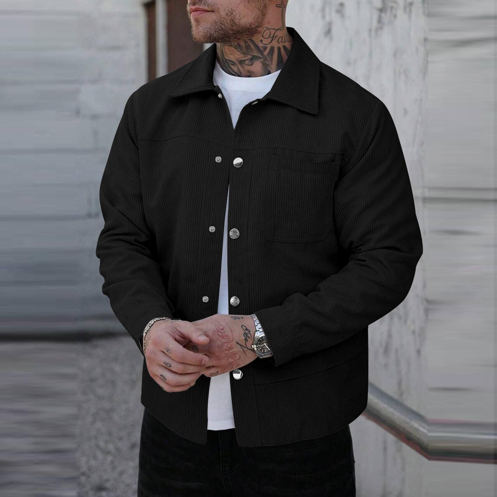 Men s Corduroy Button Down Shirts Casual Long Sleeve Shacket Jacket With Flap Pockets L