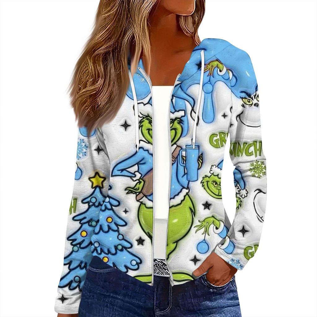 Dámská móda Vánoční potisk Ležérní rozepínací bunda s dlouhým rukávem a kapucí
