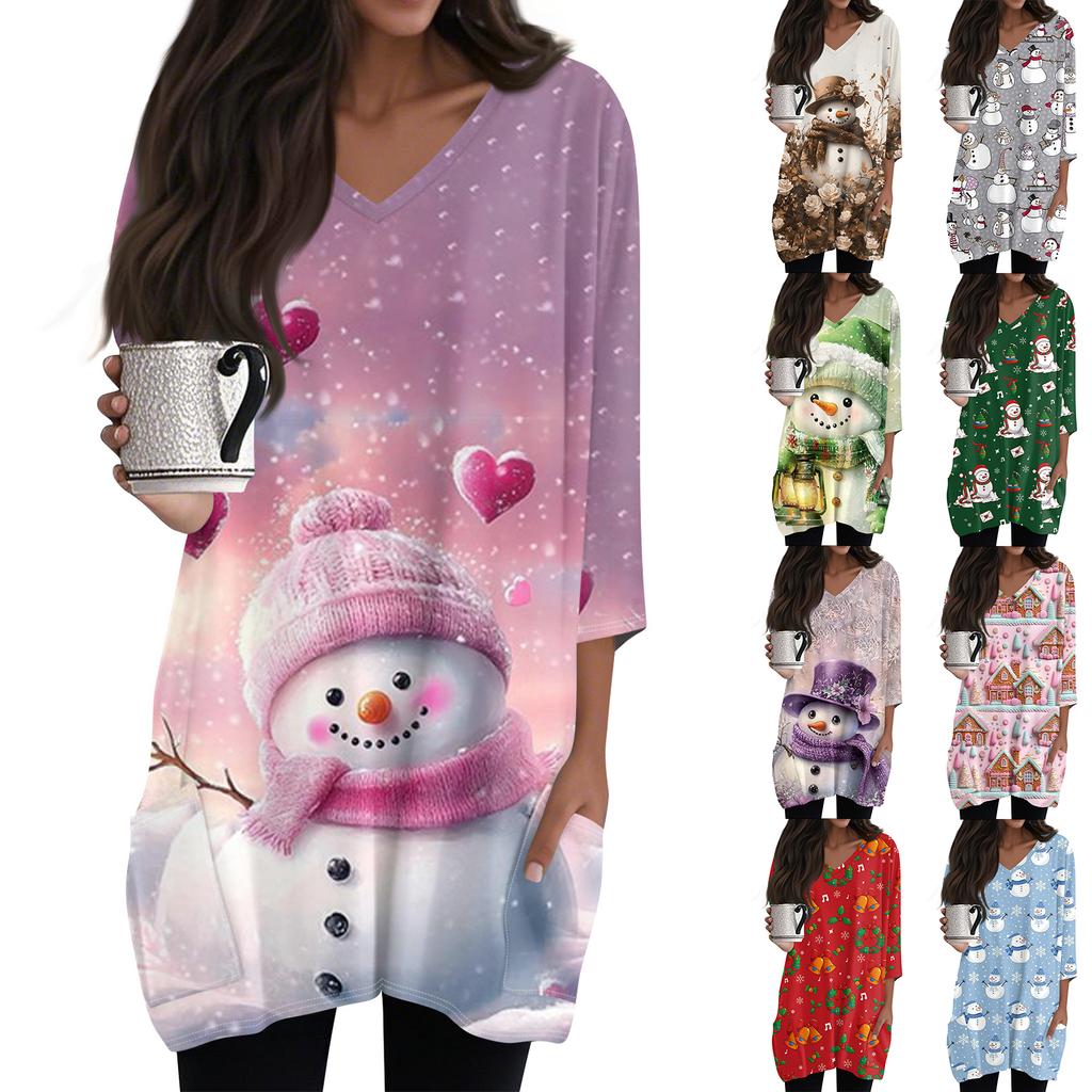 Womens Tops V-neck 3/4 Sleeve Blouses Casual Mid-length Shirts Fashion Christmas Print Tunic Tops With Pockets